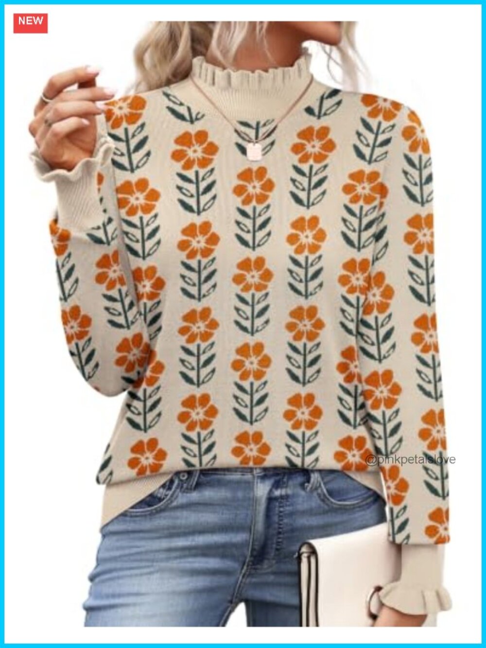 Zeagoo Turtleneck Sweater Ruffle Mock Neck Flared Cuffs Long Sleeve Knit